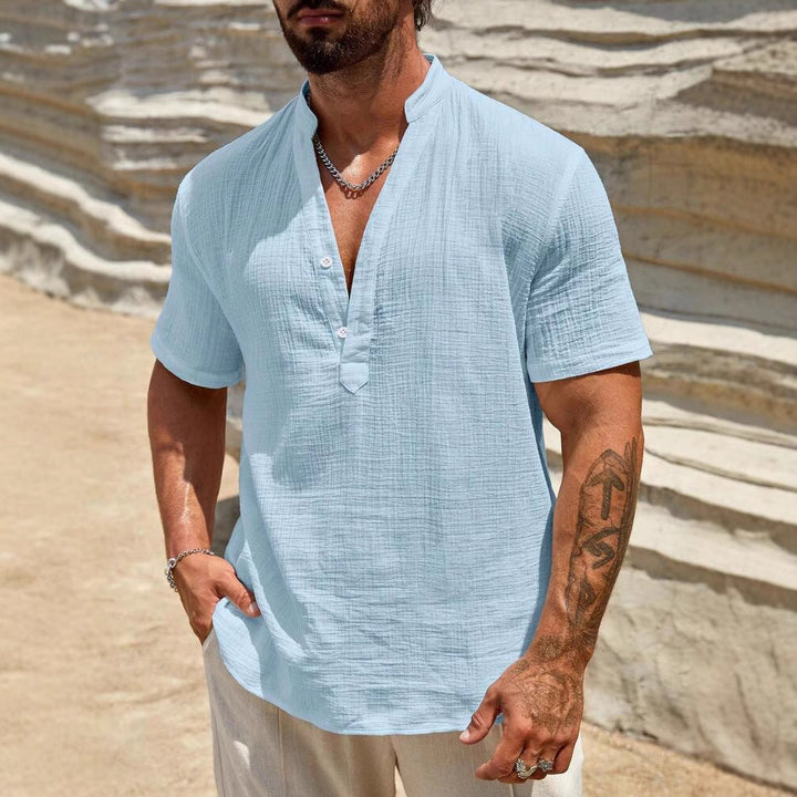 Herren Kurzarm Henley Hemd mit modernem Stehkragen aus leichtem Baumwollmaterial Drune