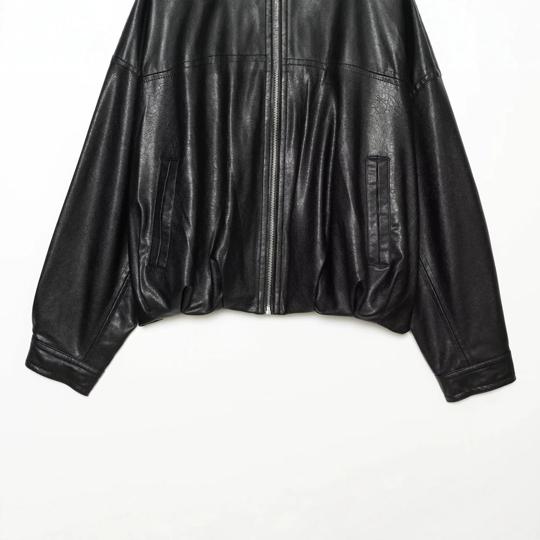 Damen Oversize Kunstleder-Blouson mit Rundhalsausschnitt, Reißverschluss und Eingrifftaschen Drune