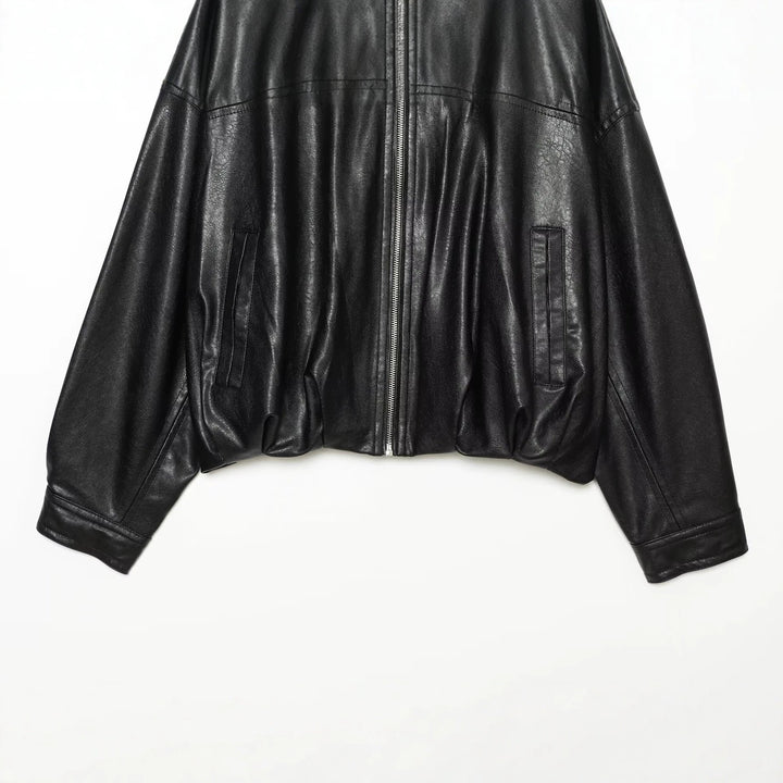 Damen Oversize Kunstleder-Blouson mit Rundhalsausschnitt, Reißverschluss und Eingrifftaschen Drune