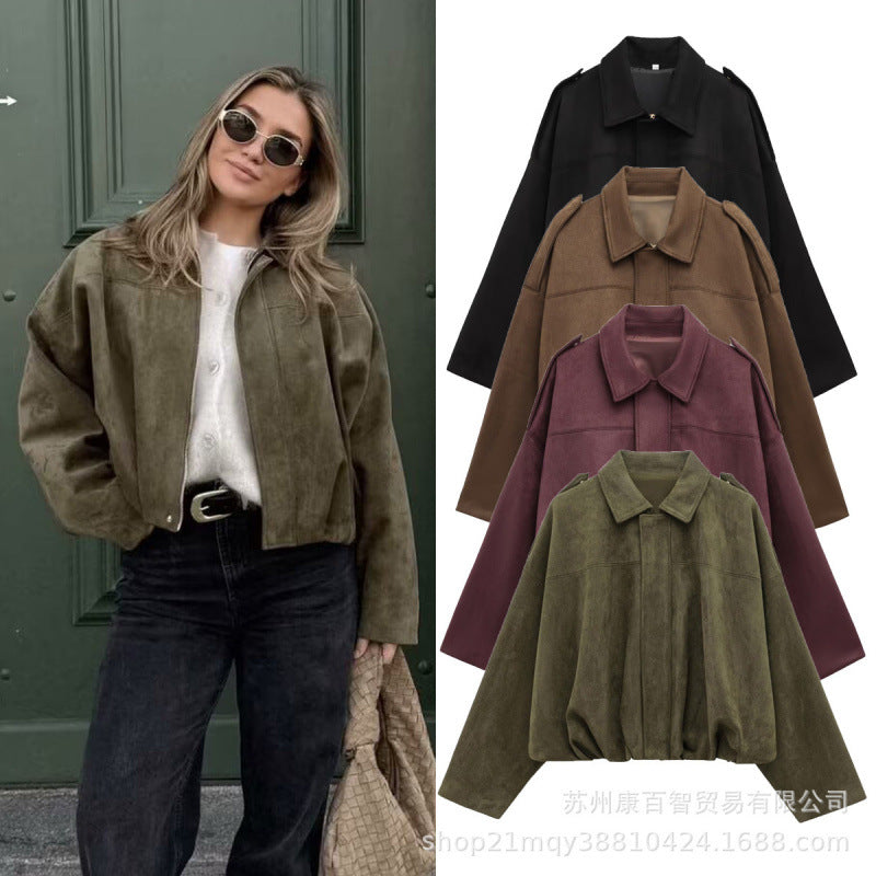 Damen modische Oversize-Jacke aus weichem Kunstleder mit dekorativen Details Drune