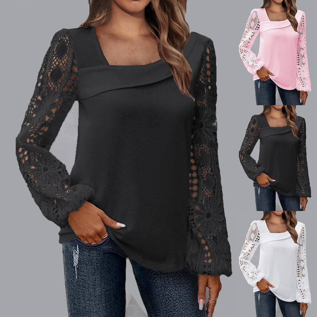Damen Bluse mit quadratischem Ausschnitt und gehäkelten Spitzenärmeln Drune