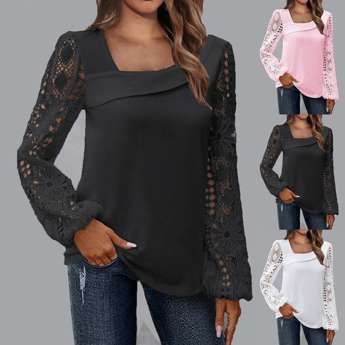 Damen Bluse mit quadratischem Ausschnitt und gehäkelten Spitzenärmeln Drune