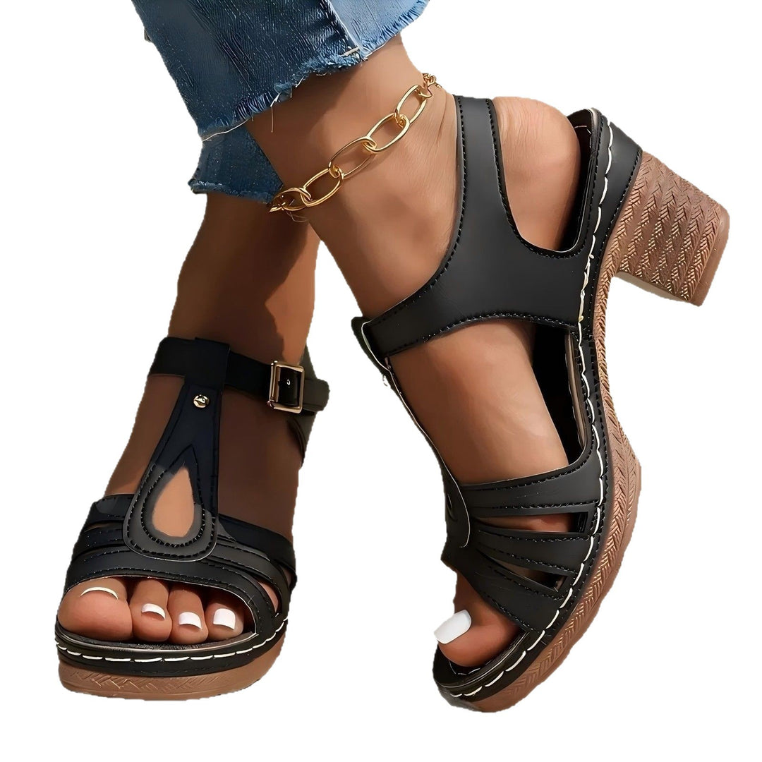 Damen T‑Riemen Sandalette mit mittelhohem Blockabsatz und gepolstertem Fußbett Drune