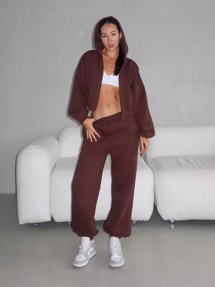 Damen Lounge-Set Cropped-Zip-Hoodie mit Oversize-Ärmeln und High-Waist Palazzo-Jogger Drune