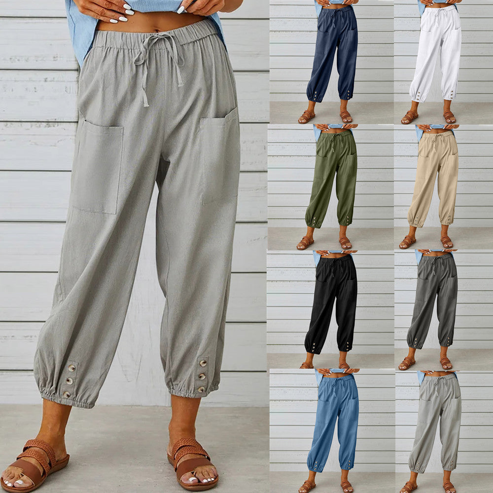 Damen leichte Baumwoll-Leinen-Hosen mit Kordelzug, aufgesetzten Taschen und geknöpften Manschetten Drune