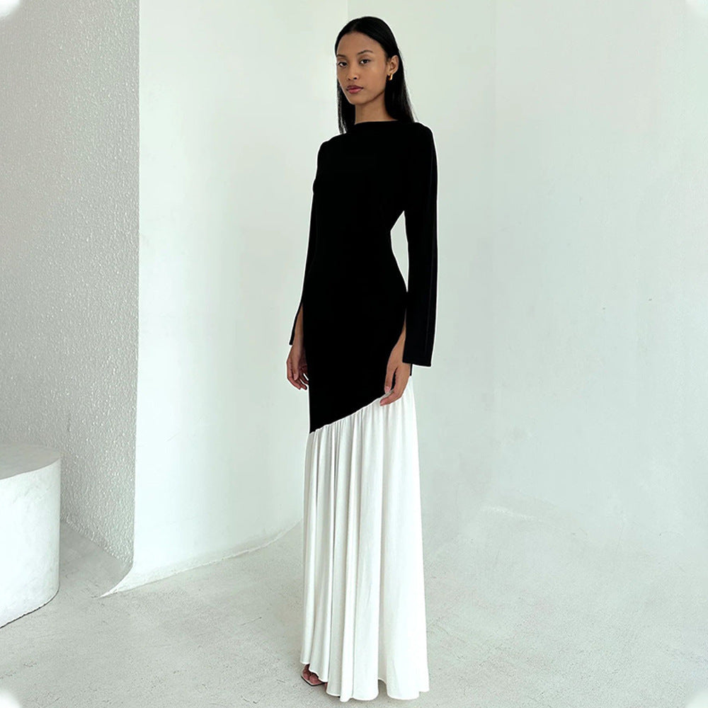 Damen elegantes, asymmetrisches Maxikleid mit langen Ärmeln und farblichen Kontrasten Drune