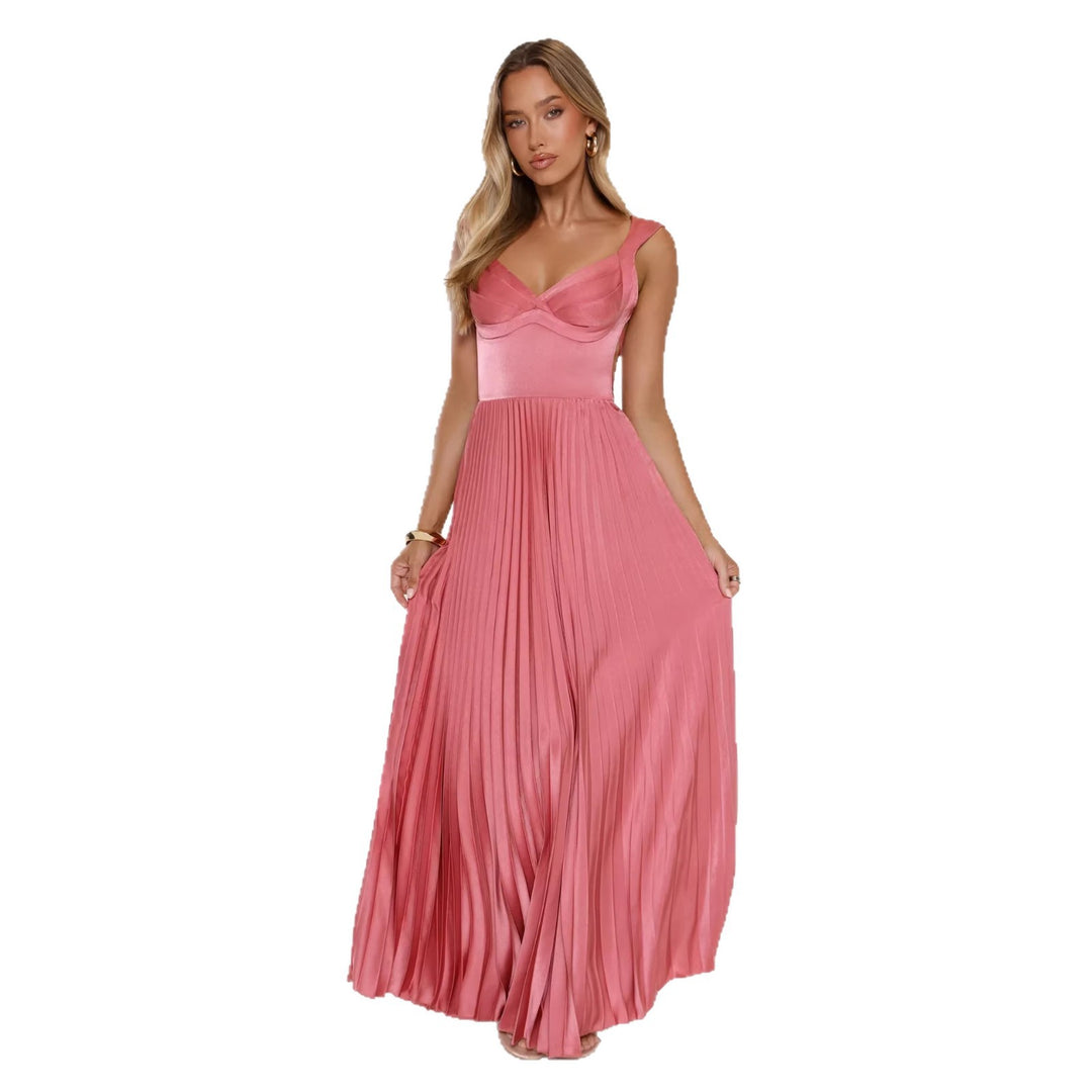 Damen Plissiertes Maxikleid mit vorteilhaftem V-Ausschnitt und femininem Design Drune