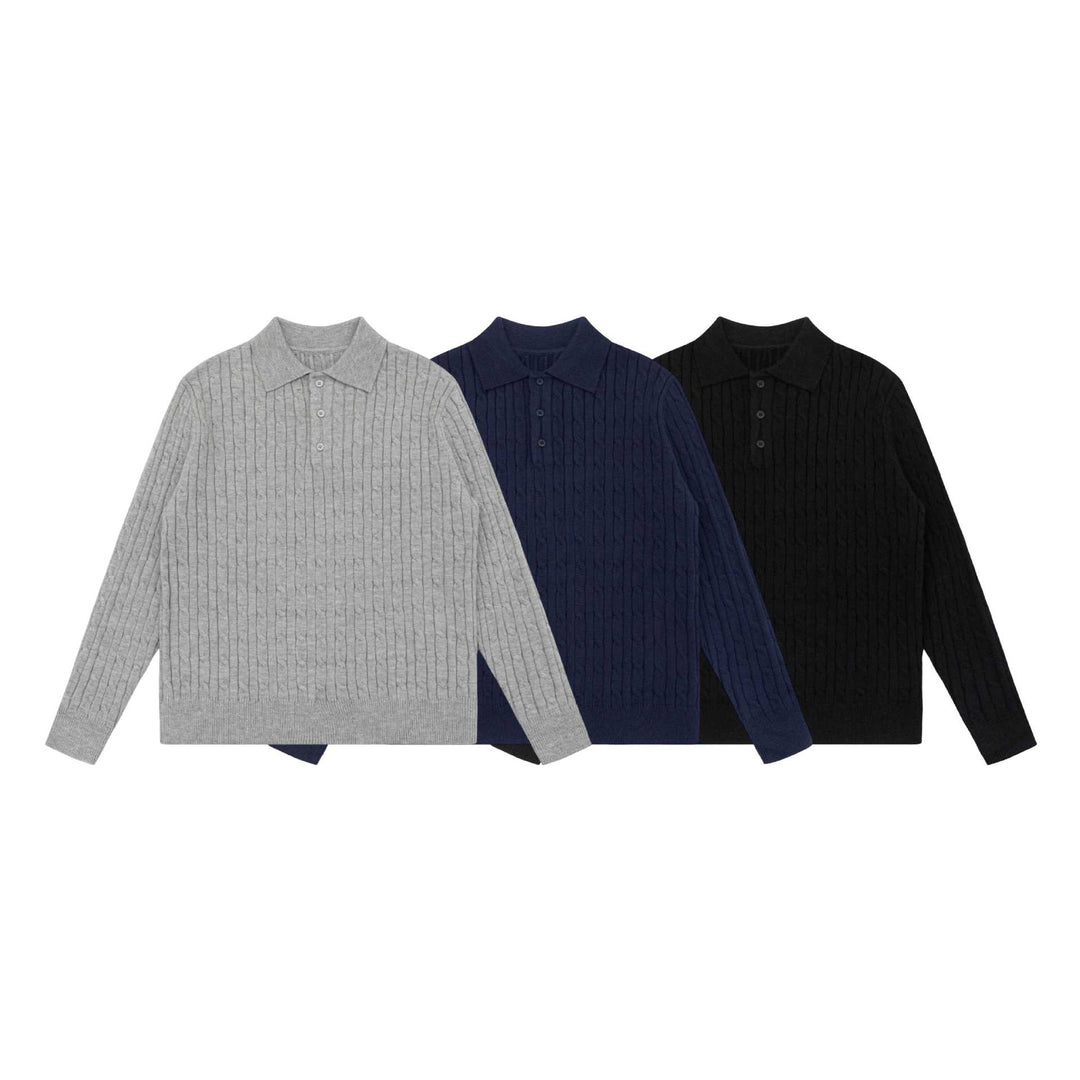 Unisex Grobstrick-Polokragen-Pullover mit Zopfmuster und halber Knopfleiste Drune