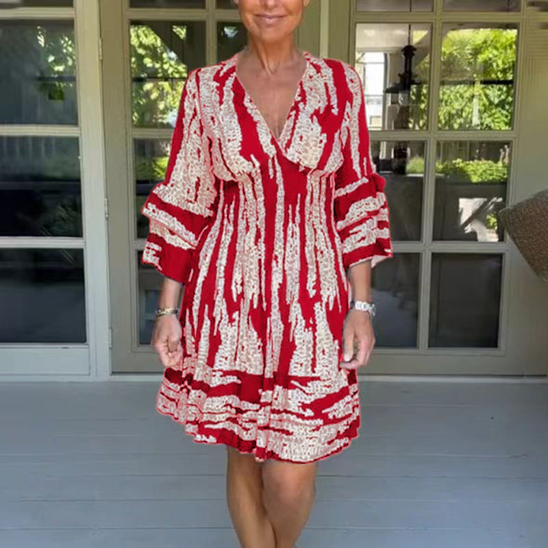 Damen romantisches V-Ausschnitt Kleid mit weiten Ärmeln und floralem Design Drune