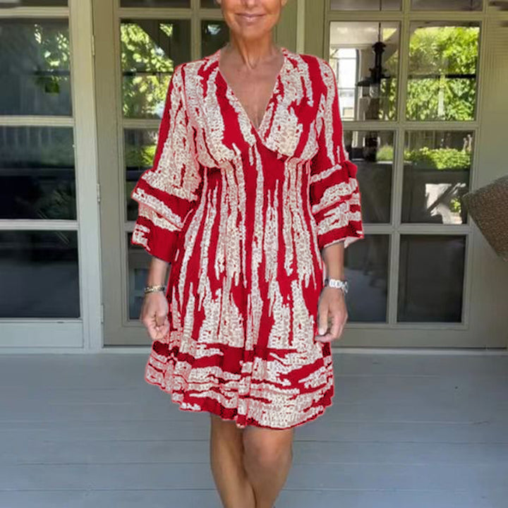Damen romantisches V-Ausschnitt Kleid mit weiten Ärmeln und floralem Design Drune