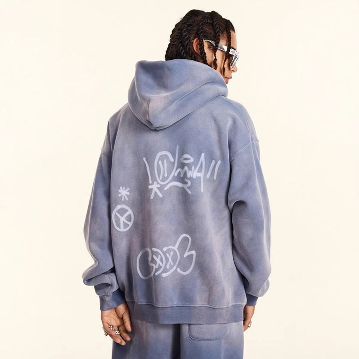 Unisex nan oversized Kapuzenjacke mit durchgehendem Reißverschluss, gebürstetem Fleecefutter und handähnlichem Sprayprint Drune