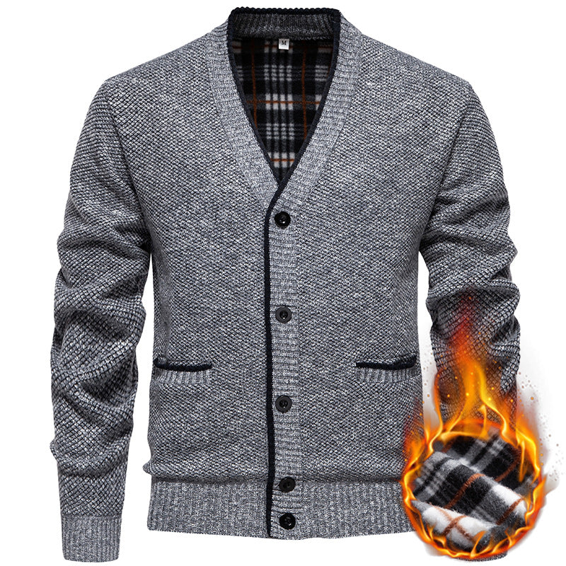 Herren Strukturierter V-Ausschnitt Strickcardigan mit kontrastierter Kante und kariertem Innenbesatz Drune