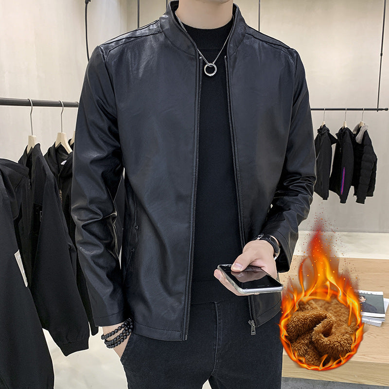 Herren schmal geschnittener Kunstleder Flightblouson mit minimalistischem Stehkragen und verdeckter Reißverschlussleiste Drune