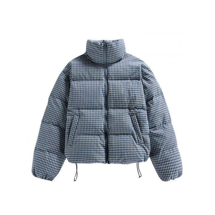 Damen Kurze gesteppte Steppjacke im Karo‑Muster mit hohem Stehkragen und Tunnelzug Drune