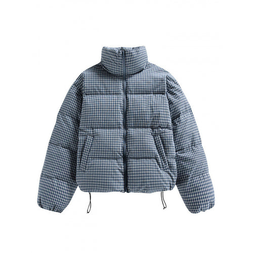 Damen Kurze gesteppte Steppjacke im Karo‑Muster mit hohem Stehkragen und Tunnelzug Drune
