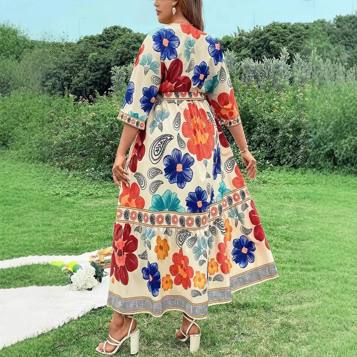 Damen Maxikleid mit buntem Blumendesign und Taillengürtel Drune