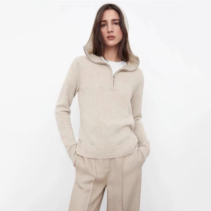 Damen eleganter Strickpullover mit Kapuze und halbem Reißverschluss Drune