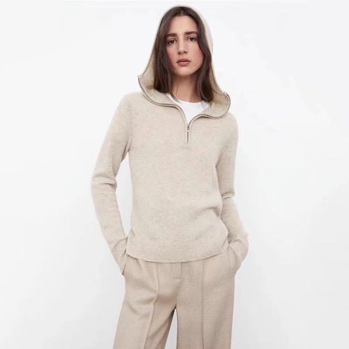 Damen eleganter Strickpullover mit Kapuze und halbem Reißverschluss Drune