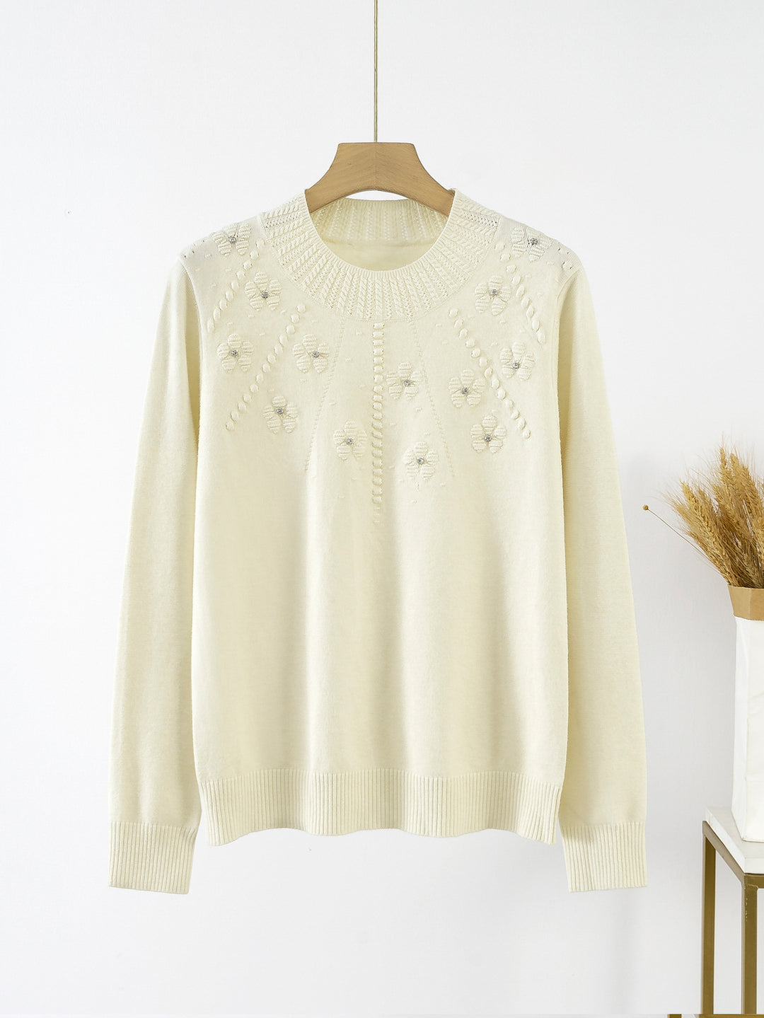 Damen Eleganter Strickpullover mit floralem Muster und Rundhalsausschnitt Drune