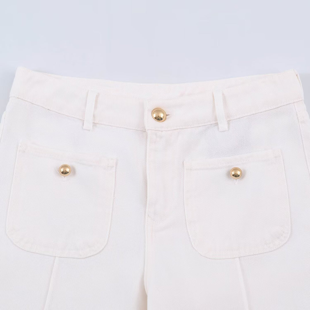Damen High-Waist Wide‑Leg Jeans mit aufgesetzten Fronttaschen und Mittelnaht-Detail Drune