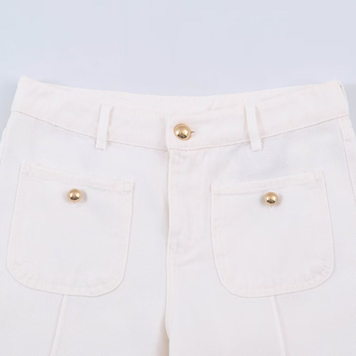 Damen High-Waist Wide‑Leg Jeans mit aufgesetzten Fronttaschen und Mittelnaht-Detail Drune