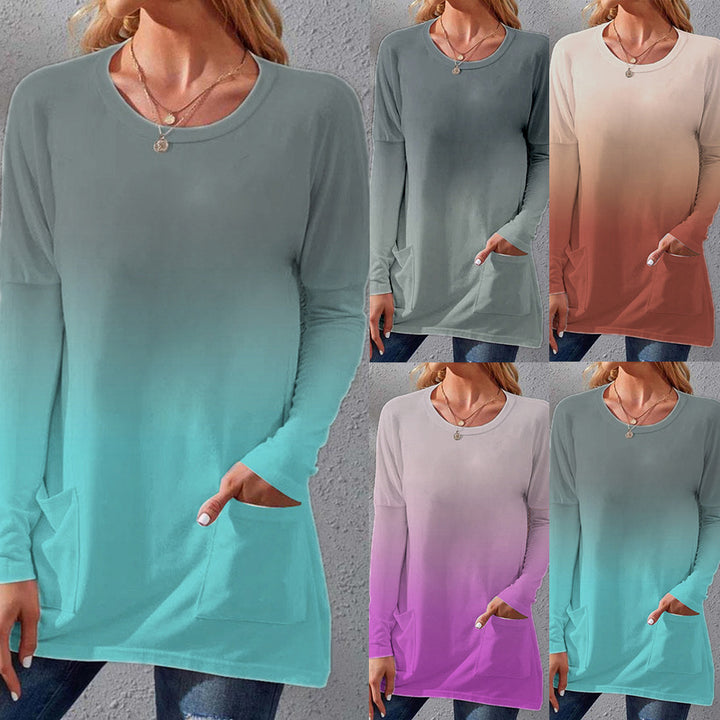 Damen Lange Ombre Tunika Bluse mit Rundhalsausschnitt und Eingrifftaschen Drune