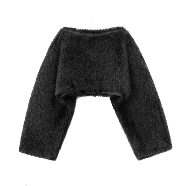 Damen nan kuscheliger Cropped-Fellpullover mit weitem Bootneck und voluminösen Ärmeln Drune