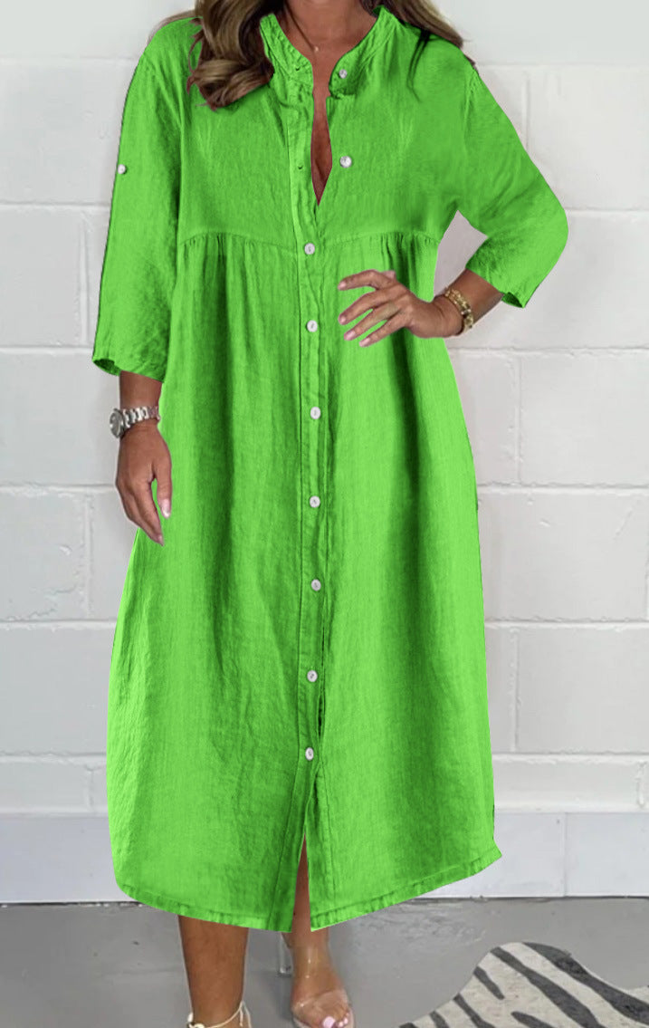 Damen Lockere Empire Midi Hemdkleid im Leinenlook mit Stehkragen und 3/4 Ärmeln Drune