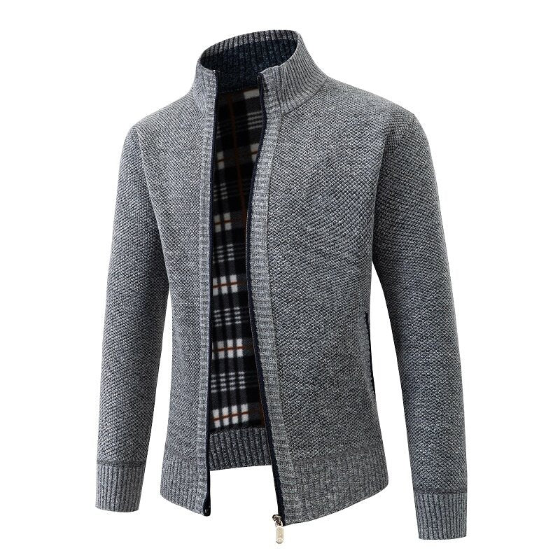 Herren Strukturiertes Zip-Strickjacke mit Karo‑Fleece‑Futter und Stehkragen Drune