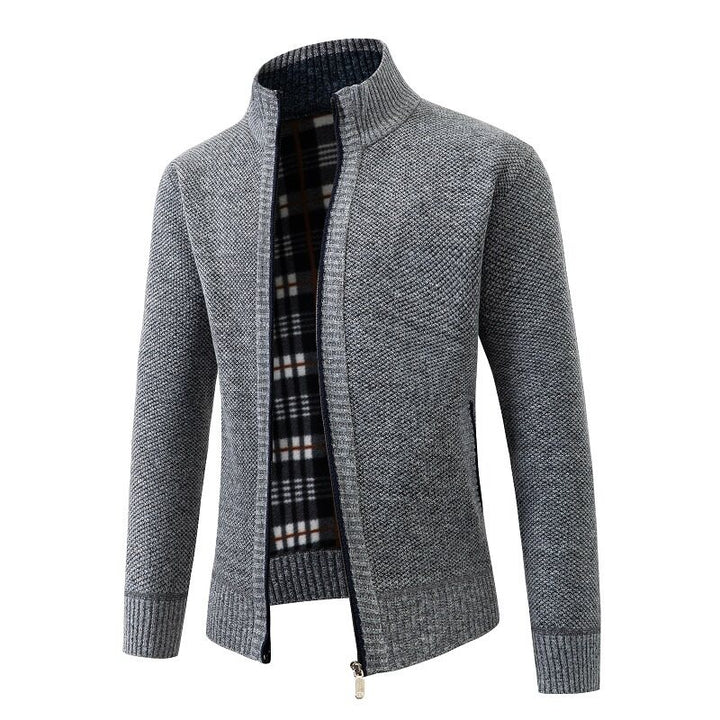 Herren Strukturiertes Zip-Strickjacke mit Karo‑Fleece‑Futter und Stehkragen Drune