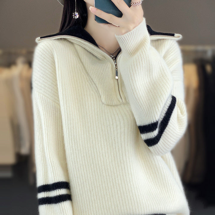 Damen Rippenstrick-Pullover mit halbem Reißverschluss, hohem Stehkragen und lässiger Passform Drune