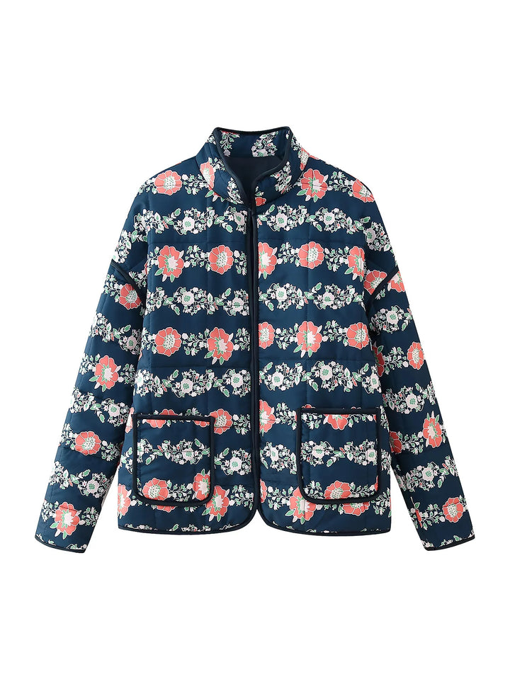 Damen nan gesteppte Blumenjacke mit Stehkragen Reißverschluss und aufgesetzten Taschen Drune