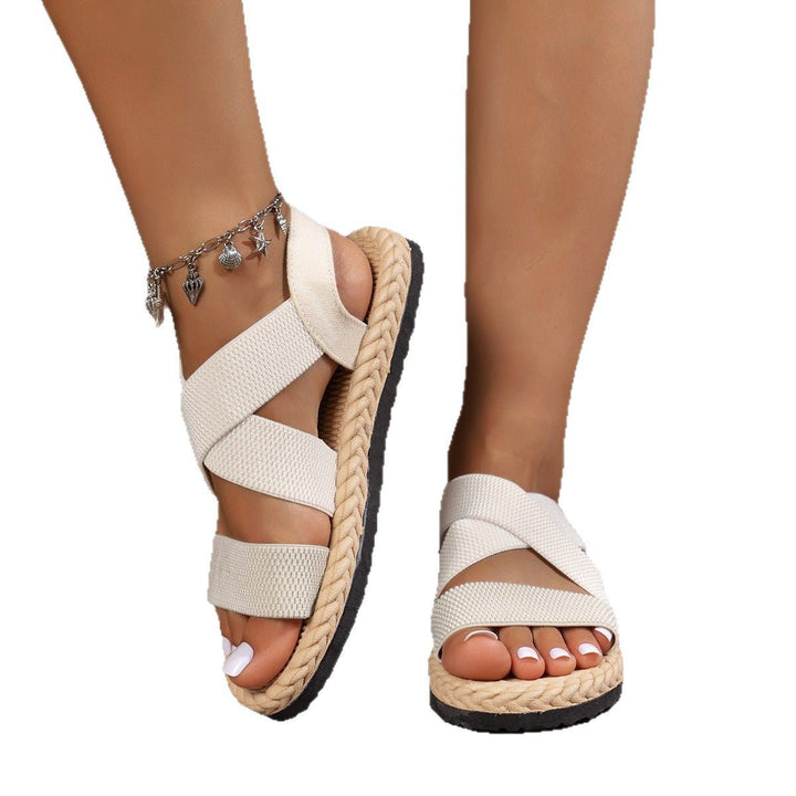 Damen nan flache Espadrille-Riemchensandalen mit geflochtenem Bastrand, elastischem Fersenband und gekreuzten Ethno-Riemen Drune