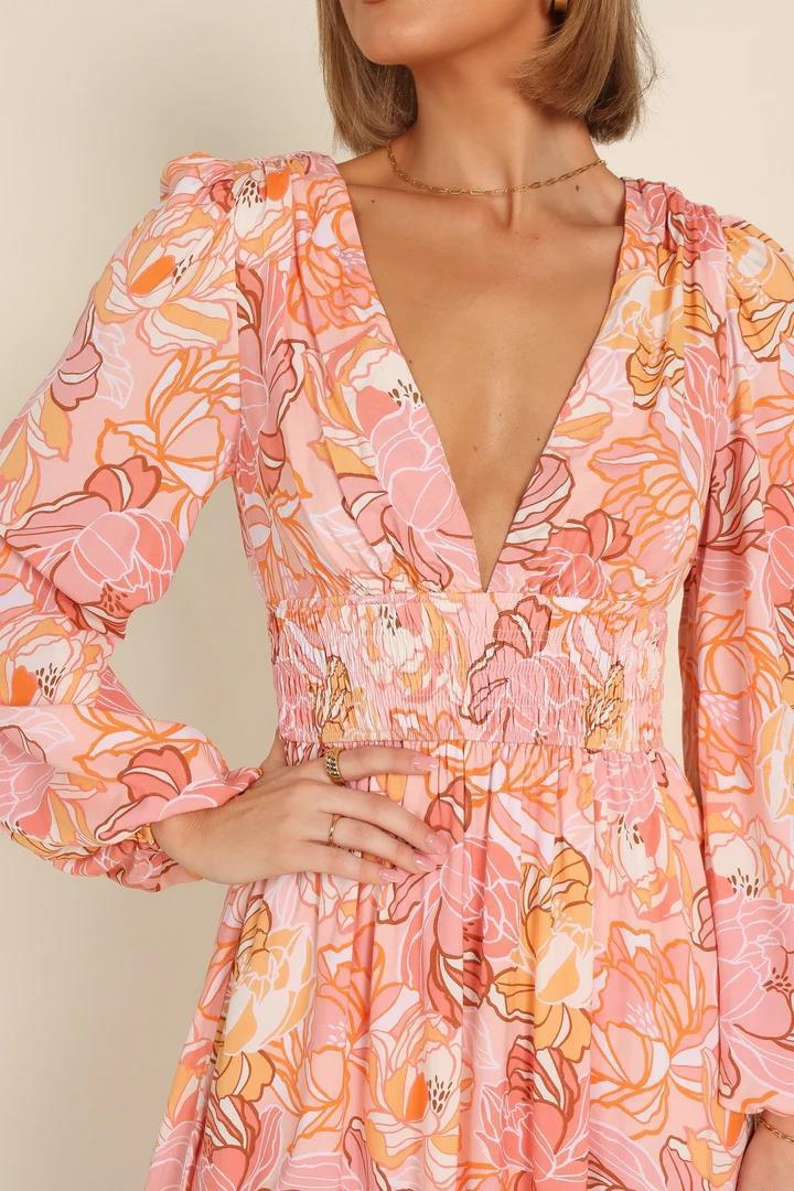 Damen Blütenmuster Sommerkleid mit tiefem V-Ausschnitt und Puffärmeln Drune