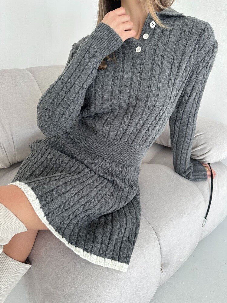 Damen Zweiteiliges Zopfstrick-Kleid mit Taillenbund und Polokragen Drune