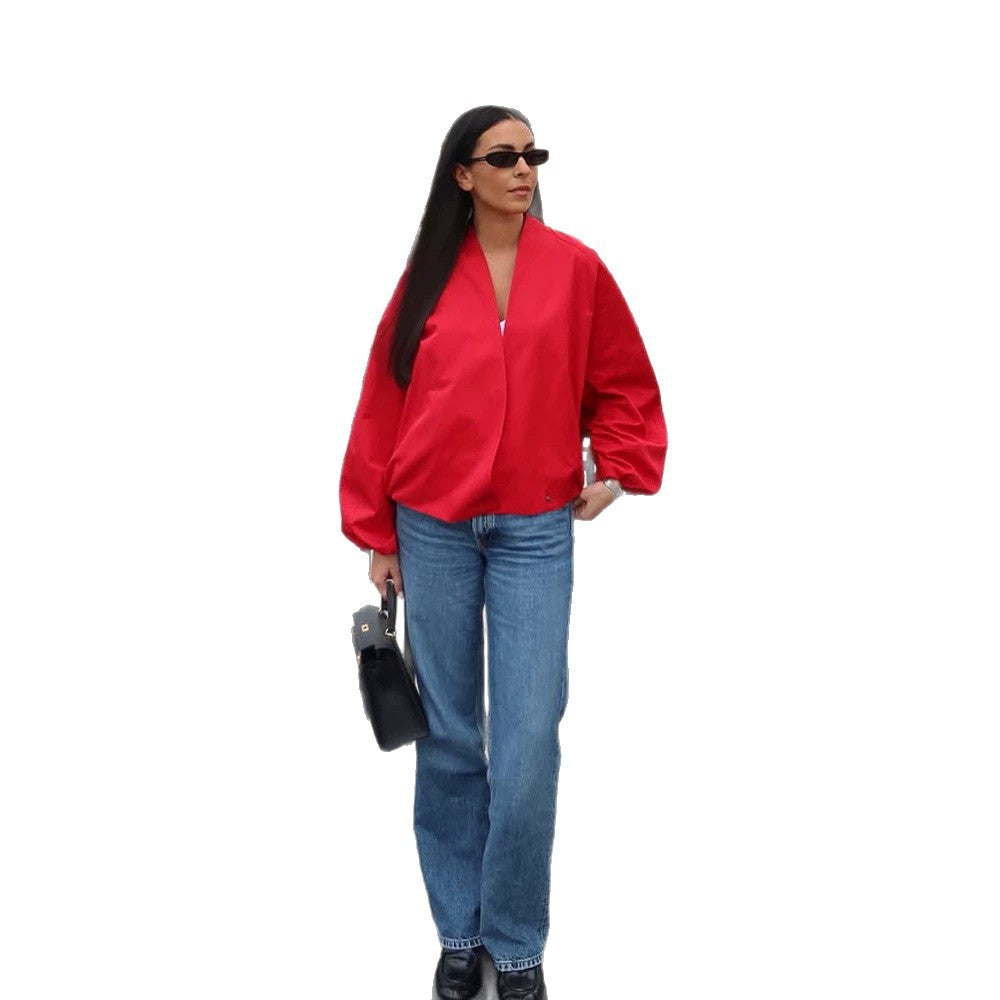 Damen kurz geschnittene Oversize-Wickeljacke mit Ballonärmeln Drune