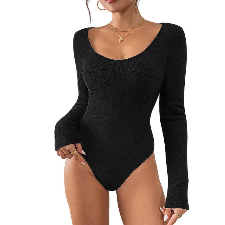 Damen Figurnaher Rippstrick-Body mit U-Ausschnitt und Unterbrustnähte Drune