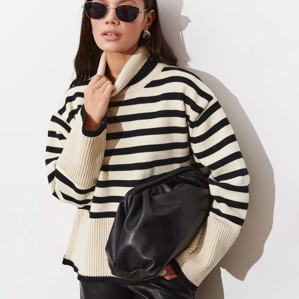 Damen Grob gestrickter Pullover mit hohem Kragen und Breton-Streifen Drune