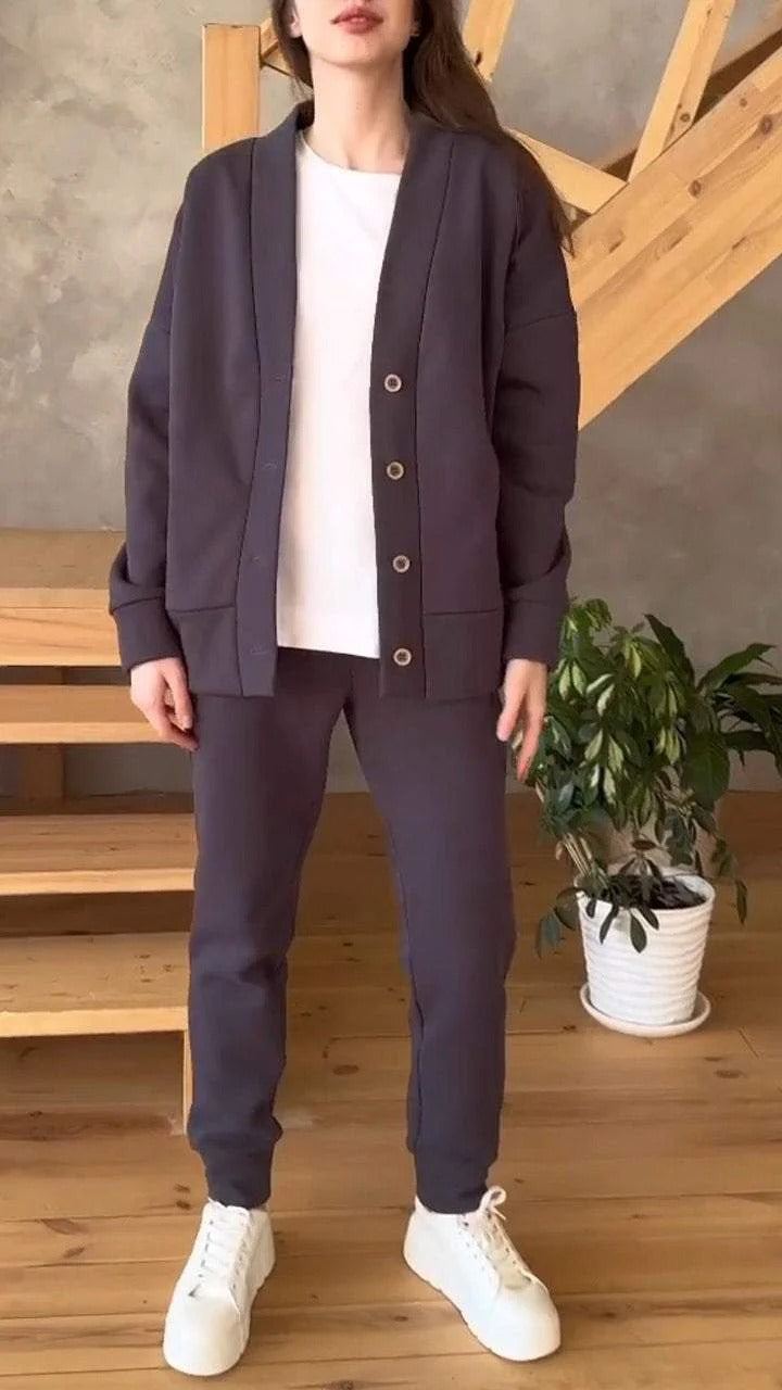 Damen lässige Oversized Sweatjacke mit Knöpfen Drune