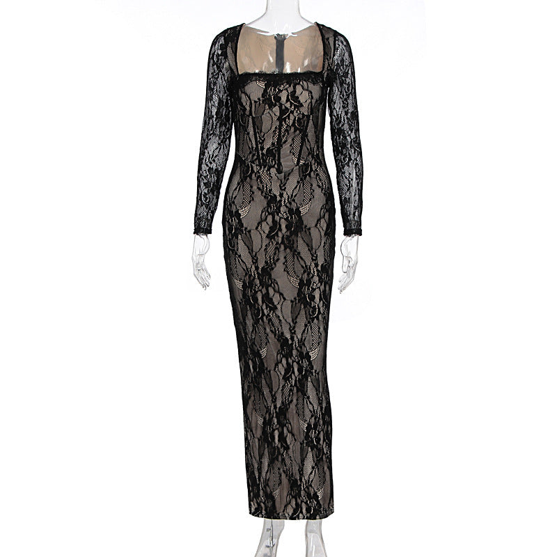 Damen Spitzenmaxikleid mit durchscheinenden Einsätzen Drune