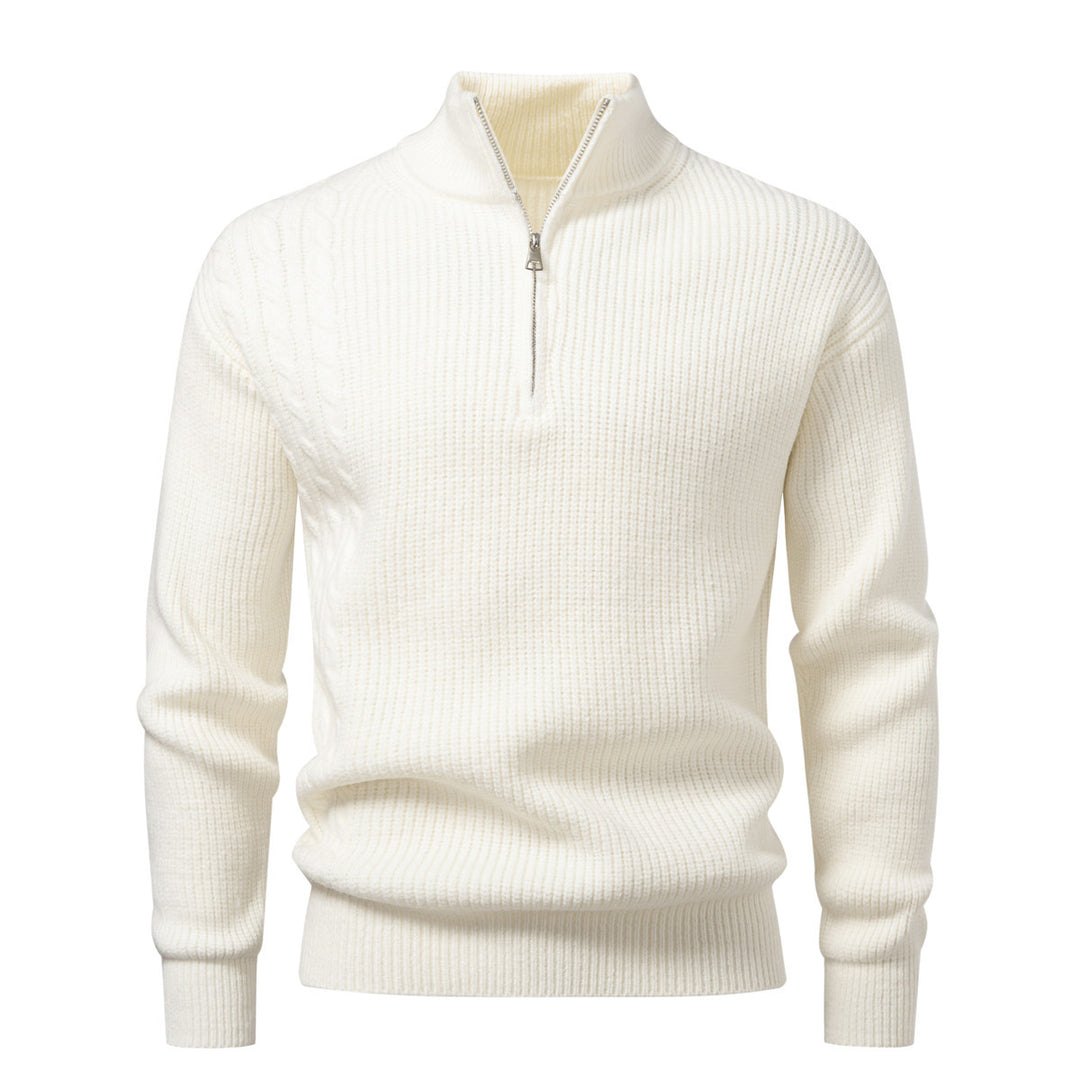 Herren Feinstrick-Halbzip-Pullover mit Stehkragen, Rippstruktur und Schulter-Zopfdetail Drune
