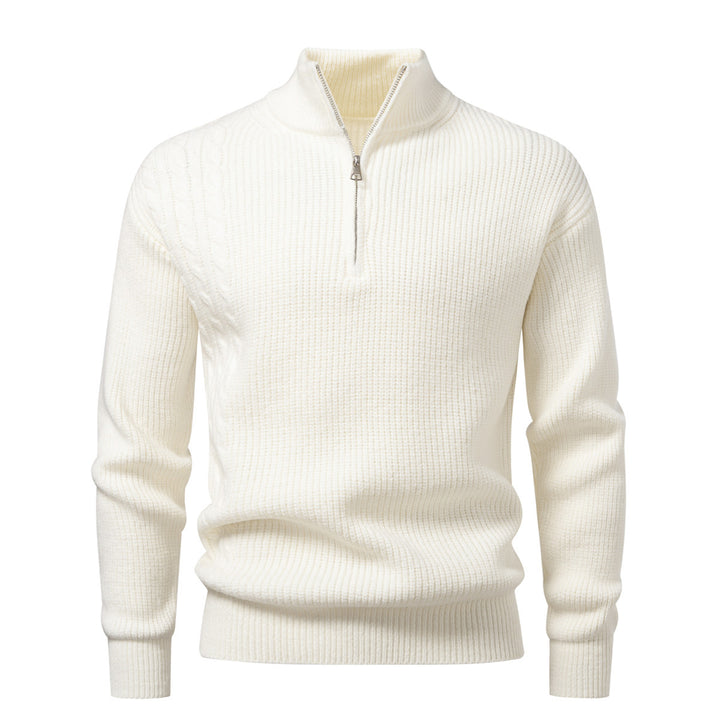 Herren Feinstrick-Halbzip-Pullover mit Stehkragen, Rippstruktur und Schulter-Zopfdetail Drune