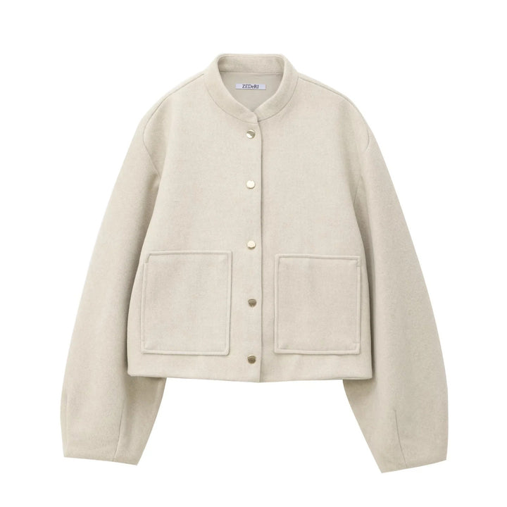Damen 500+ Cropped Boxy Wollmix‑Blousonjacke mit Stehkragen, Druckknöpfen und großen aufgesetzten Taschen Drune