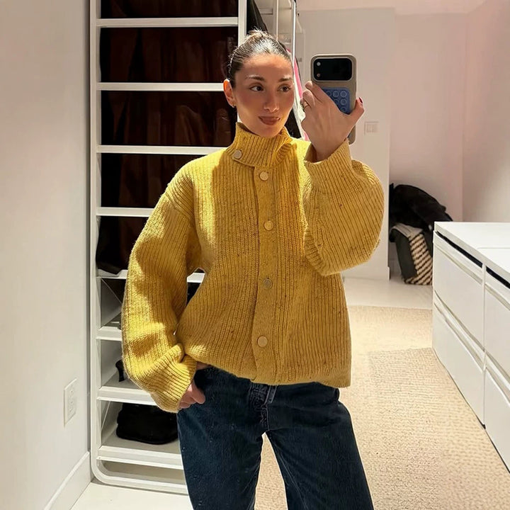 Damen Oversize-Strickjacke mit Rippenstruktur und Stehkragen Drune