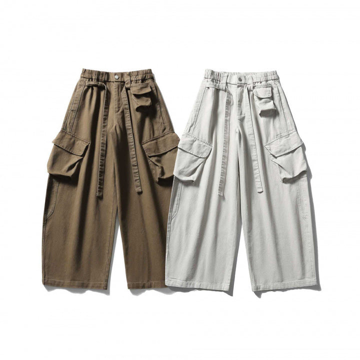 Unisex Weite Cargo-Cropped-Hose mit hohem elastischem Bund, Mehrfachtaschen und Kordelzug Drune