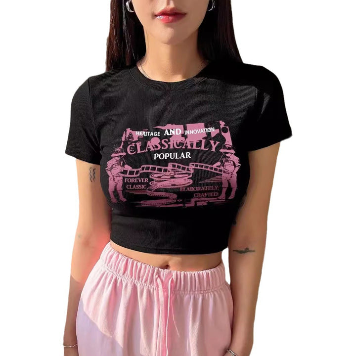 Damen Crop-T-Shirt mit kreativem Schriftzug Drune