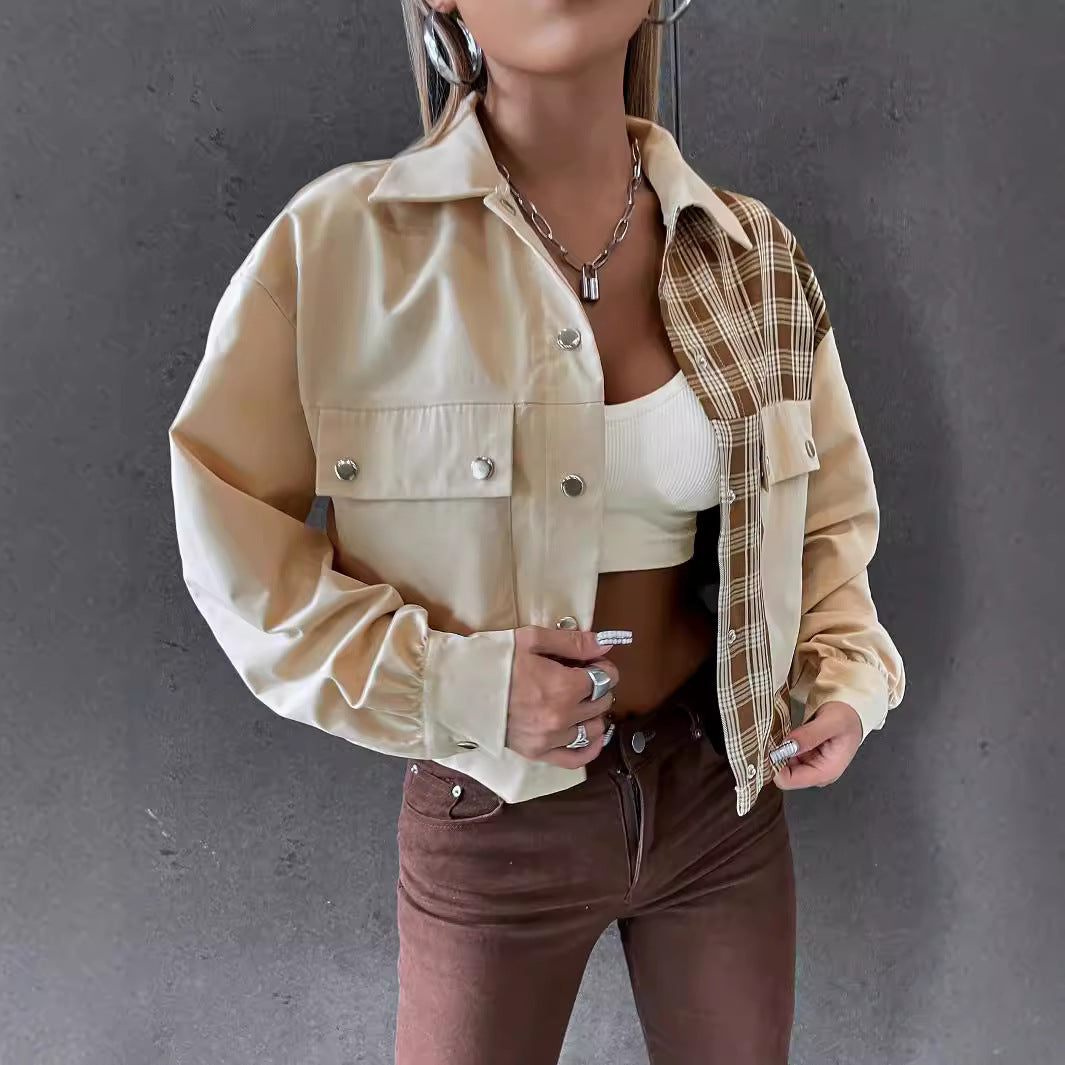 Damen Crop-Utility-Jacke mit karierten Ärmeln und klassischen Druckknöpfen Drune