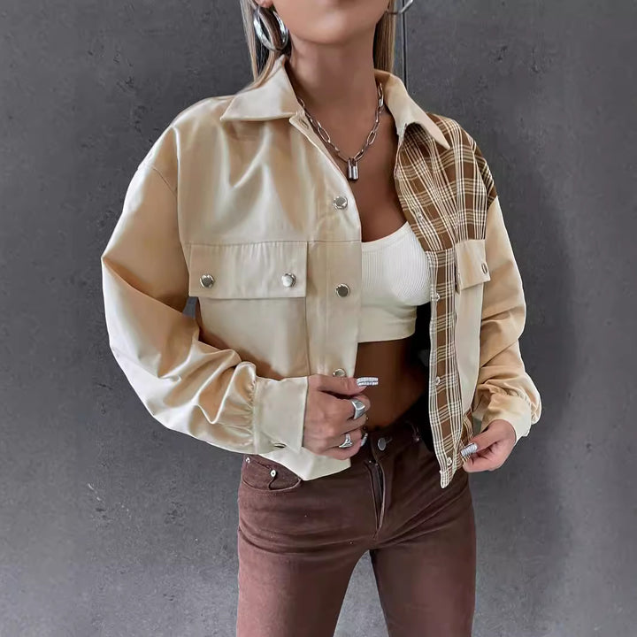 Damen Crop-Utility-Jacke mit karierten Ärmeln und klassischen Druckknöpfen Drune