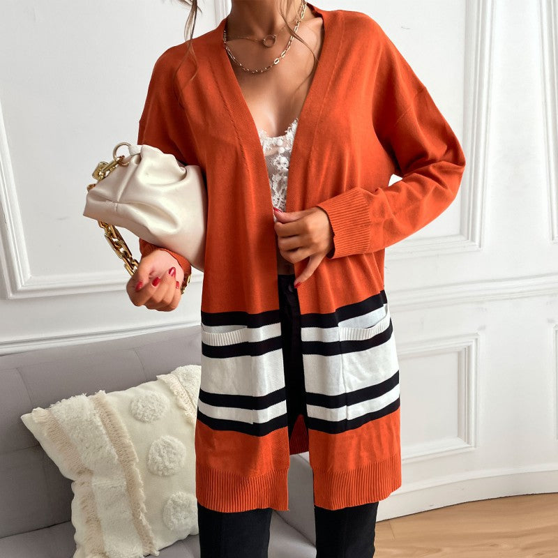 Damen Longline-Cardigan mit Kontraststreifen, aufgesetzten Taschen & Rippbündchen Drune