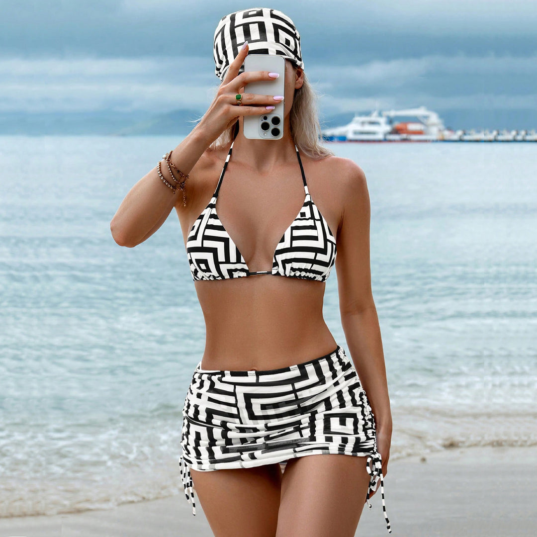 Damen Triangel-Bikini mit Wickelrock und grafischem Muster Drune